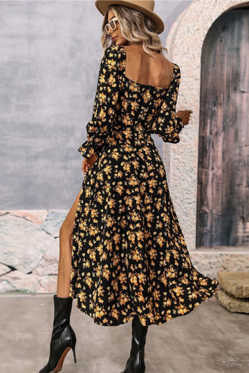 Black Yellow Floral A Line Long Summer Dress with Long Sleeves